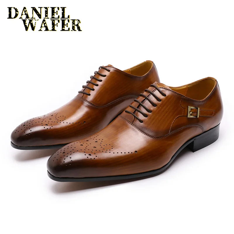 Роскошные Брендовые мужские туфли-оксфорды; офисная Свадебная формальная обувь; цвет белый, черный, коричневый; кожаные мужские туфли на шнуровке с острым носком - Цвет: Brown