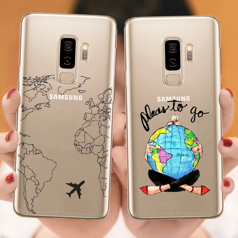 

World Map Travel Airplane Soft silicone Phone Case Cover for Samsungs Galaxys S6 S7 Edge S8 S9 S10 Plus S10 Lite Note 9 A50 2019