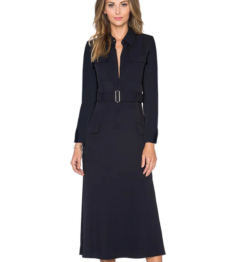 Женское однотонное платье с отложным воротником длинным рукавом | Женская одежда