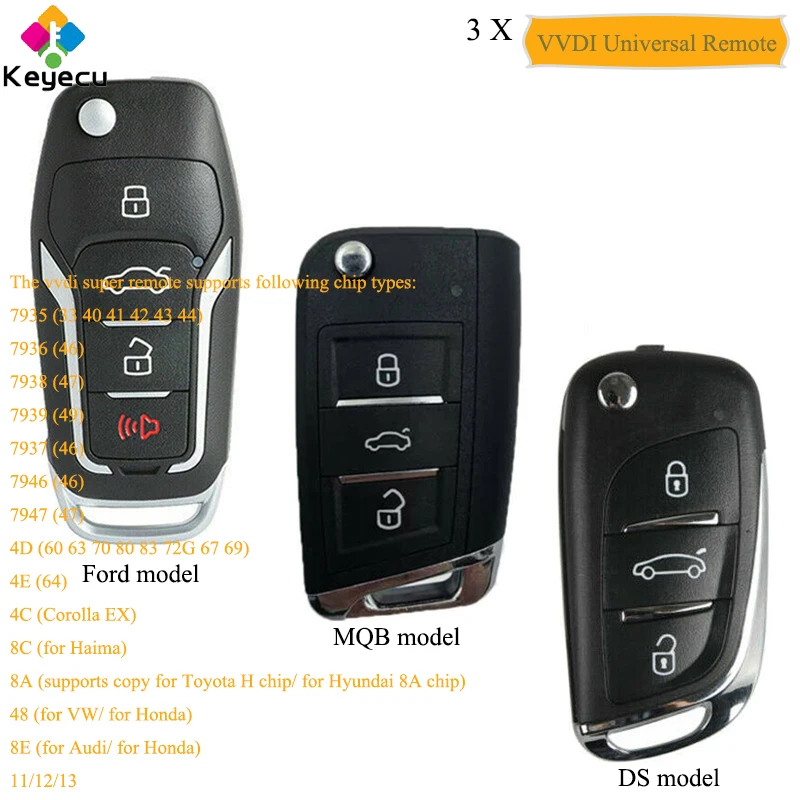 KEYECU 3 шт./лот XHORSE для Ford/ MQB/ DS стиль дистанционный ключ с кнопками FOB VVDI удаленный