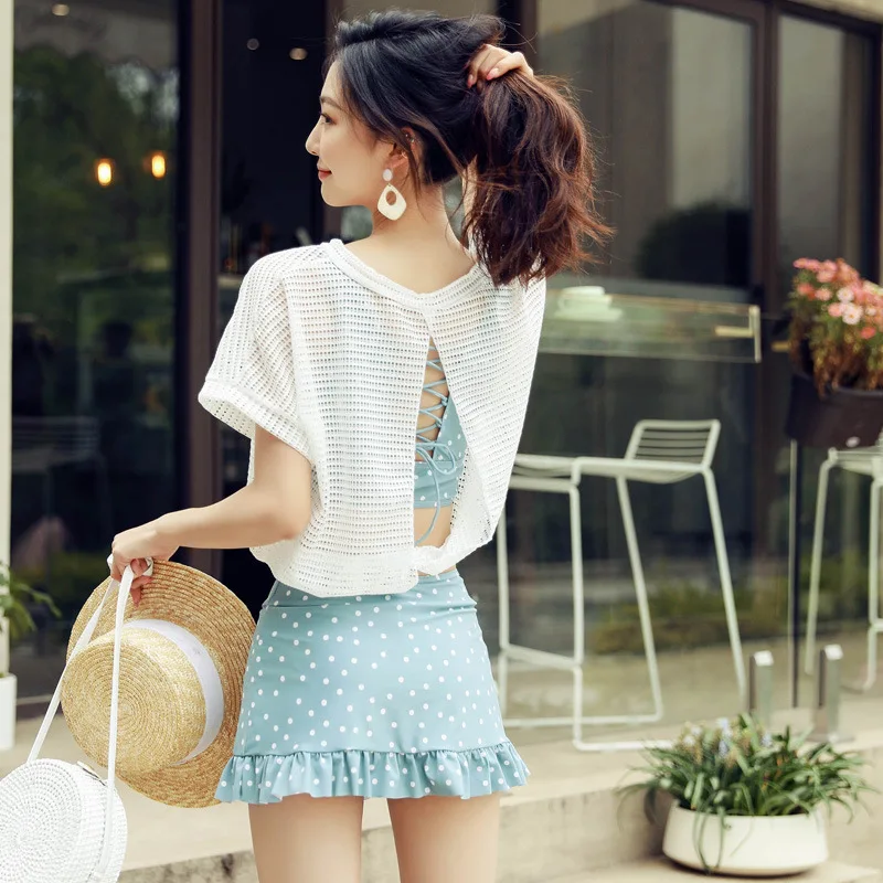 

South Korea Bathing Suit Women's Three-piece Set Graceful Bikini Split Skirt-Conservative Small Bust Gathering Bubble Hot Spring