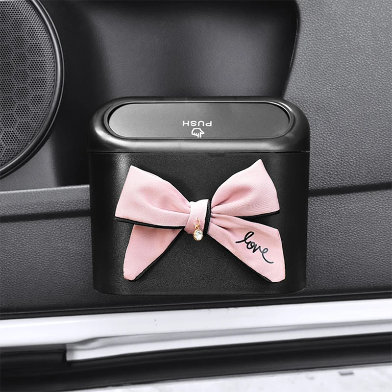 Car Trash Can Cute Bowknot Car Trash Bin Hanging Vehicle Garbage Dust Case Storage Box Pressing Type Trash Can Auto Car Interior Accessories