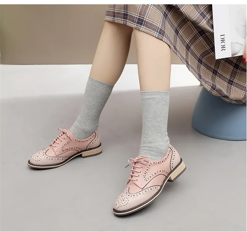 British Genuine Leather Female Oxford Shoes College Spring New Thick Heel 3cm Women Brogues Retro Carved Single Shoes Large Size (20)