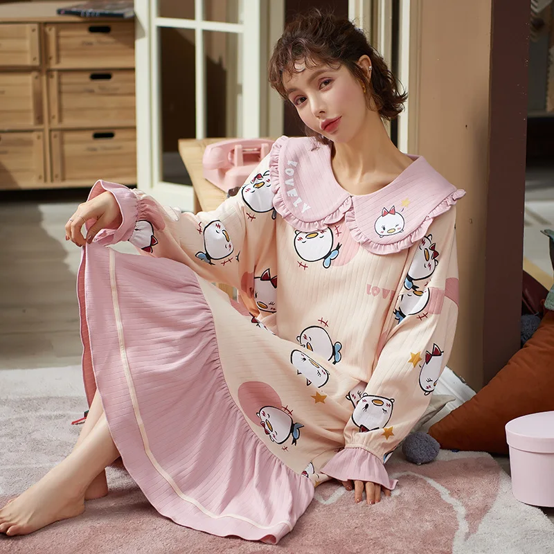 

NIGHTWA Women Nightgowns Cotton Nightdress Cute Cartoon Nightwear Sweet Princess Long sleeve Sleepwear Loose Autumn Homewear