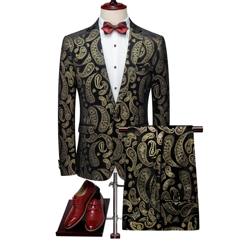 

2019 printing suits men Autumn korean Velvet Vintage black two piece casual suit blazers pants 5XL traje hombre ternos