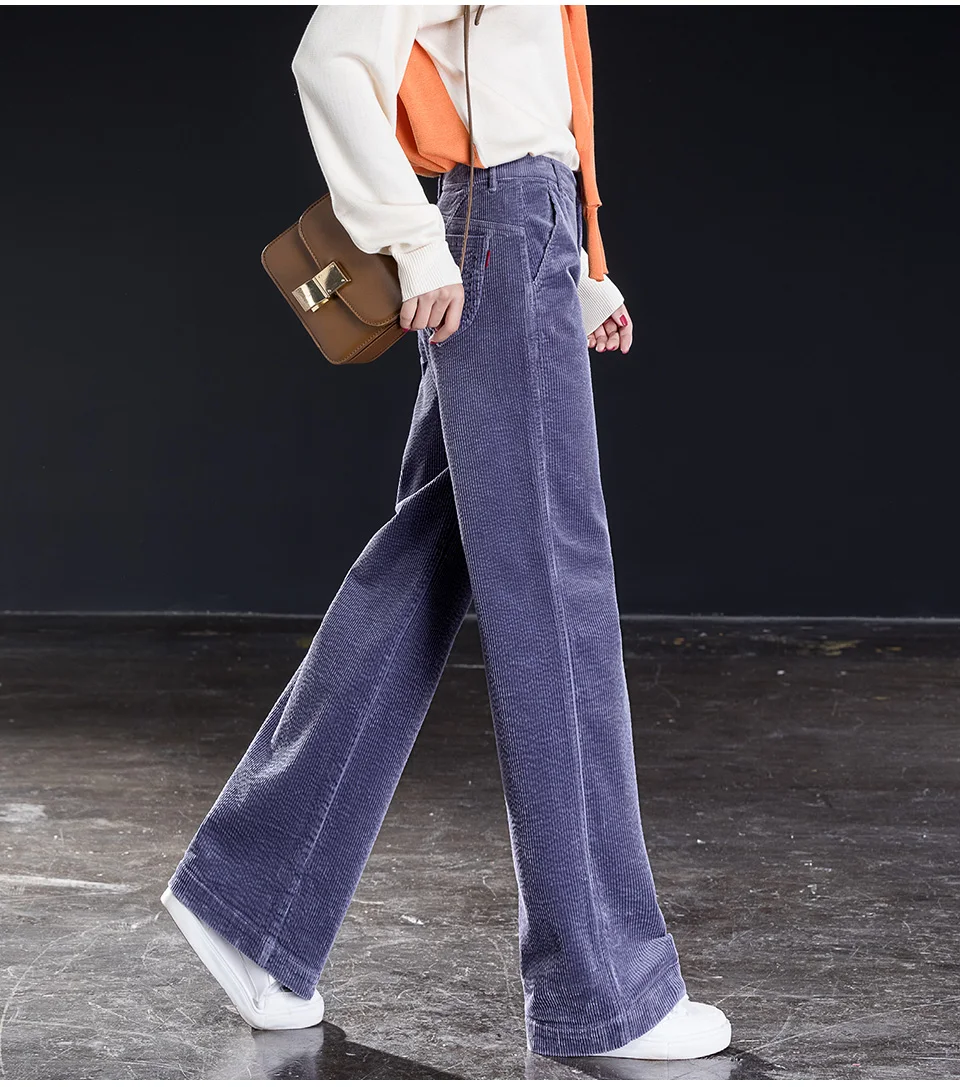 Женские вельветовые фиолетовые широкие брюки с высокой талией, свободные длинные брюки