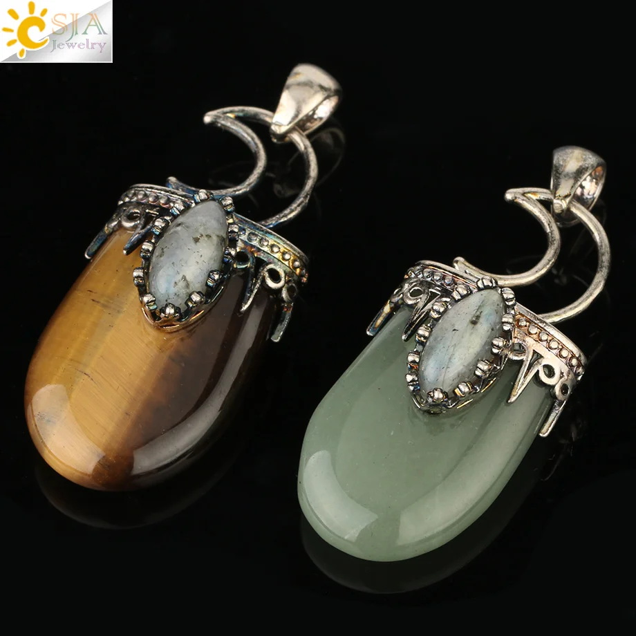 CSJA Natural Stone Crystal Pendants Necklace Antique Silver Color Purple Pink Quartz Necklace Jewelry Crown Moon Charm Gift G274 - Image 3