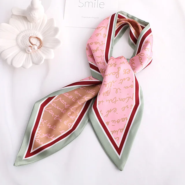 Sweet Love Print Women Small Silk Scarf Handle Bag Ribbons Female Head Scarves Sharp angle Green 90*10cm 45