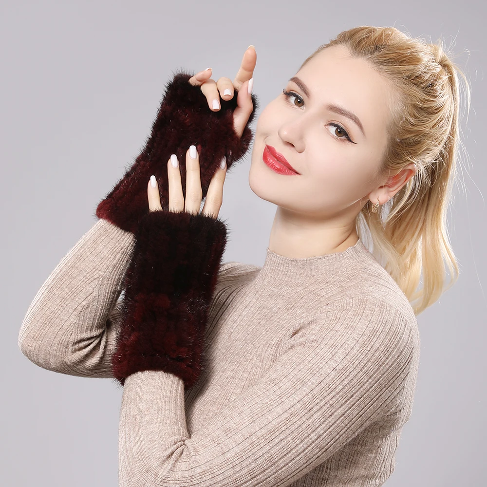 Women's Knitted Mink Fur Mittens Winter Warm Lady Real Fur Fingerless Gloves Handmade Knit Mink Mitten women dress gloves