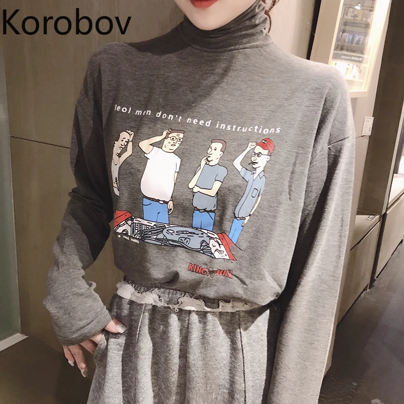Korobov Harajuku, рисунок персонажа, зимняя Базовая женская футболка, Корейская Водолазка с длинным рукавом, уличная футболка, 79177