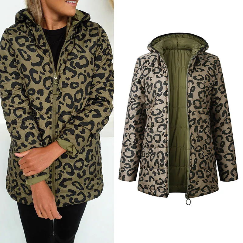 Leopard Женская куртка, леопардовые зимние пальто для женщин, одежда, двухсторонние парки, зимние пальто на молнии, большие размеры, модные куртки с принтом ледяного медведя, Manteau Casacos - Цвет: Leopard