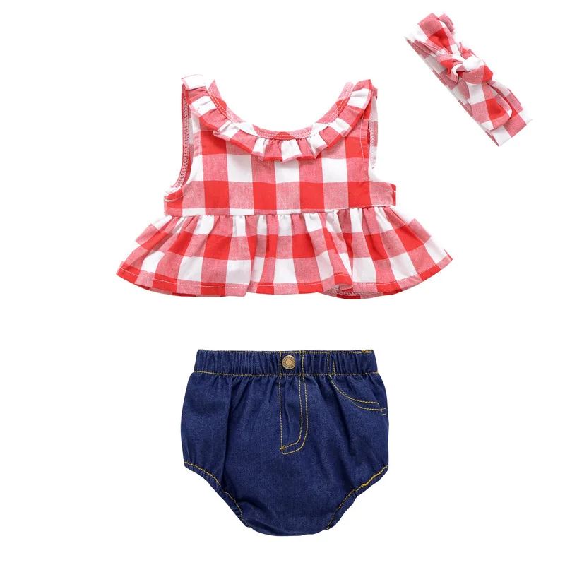 

EBay Amazon Hot Selling Girls Plaid Vest Summer New Products Baby Girls Cowboy Small Underwear Suit 2 Pieces