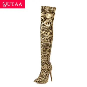 

QUTAA 2020 Sexy Pointed Toe Thin High Heel Zipper Fashion Women Shoes Quality PU Zebra Pattern Over The Knee Boots Size 34-43