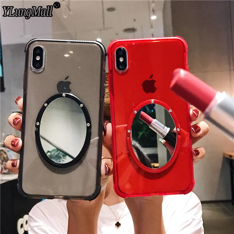 

Glitter Phone Case For iPhone 11 2019 Pro X XR XS Max 8 7 Plus Shining Transparent Soft Silicone Stand Makeup Mirror Back Cover