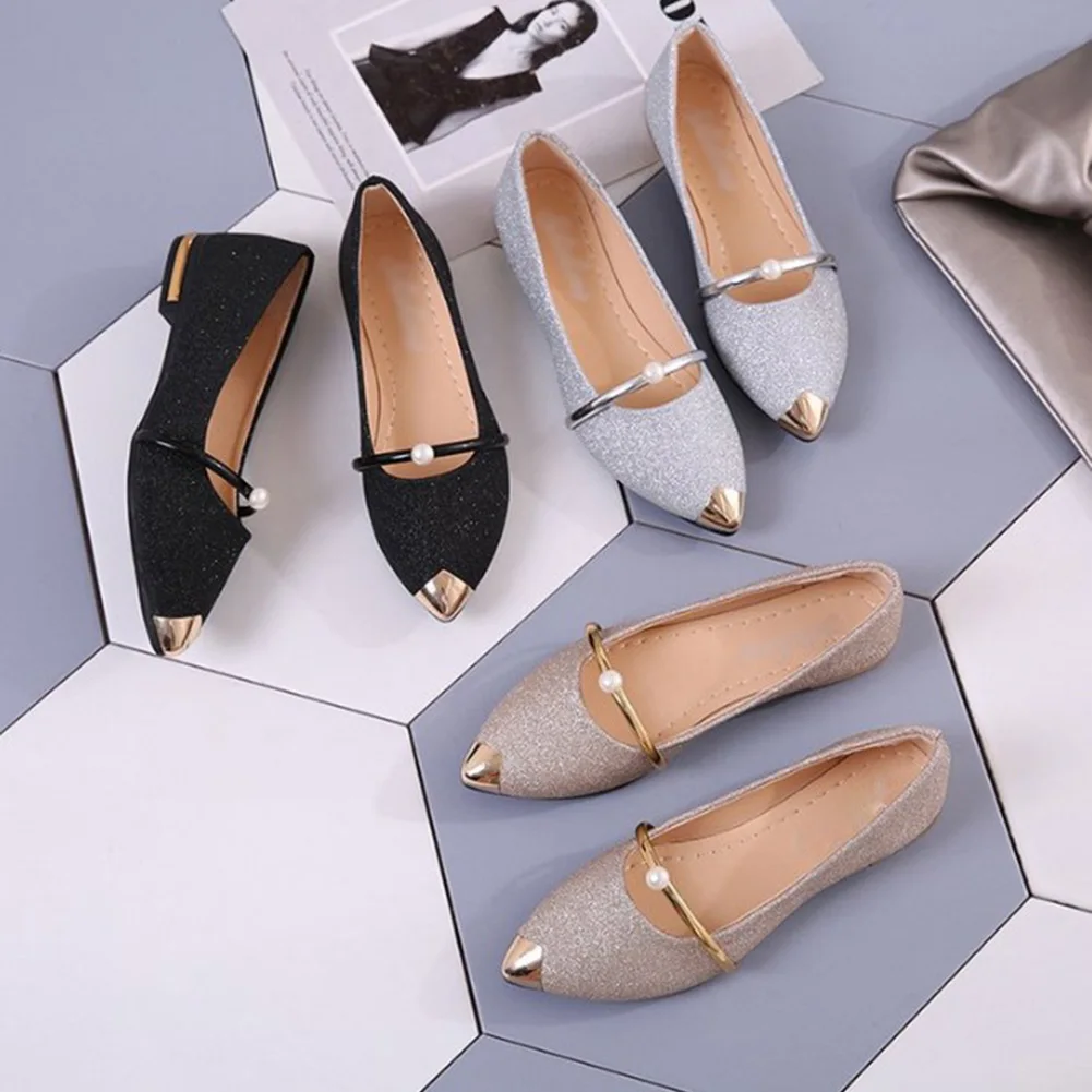 

2019 Spring Women Flat Shoes Elegant Pearl Pointed Toe Low Heel Frosted Shoes Slip-on Shallow Mouth Single Shoes Female Footwear