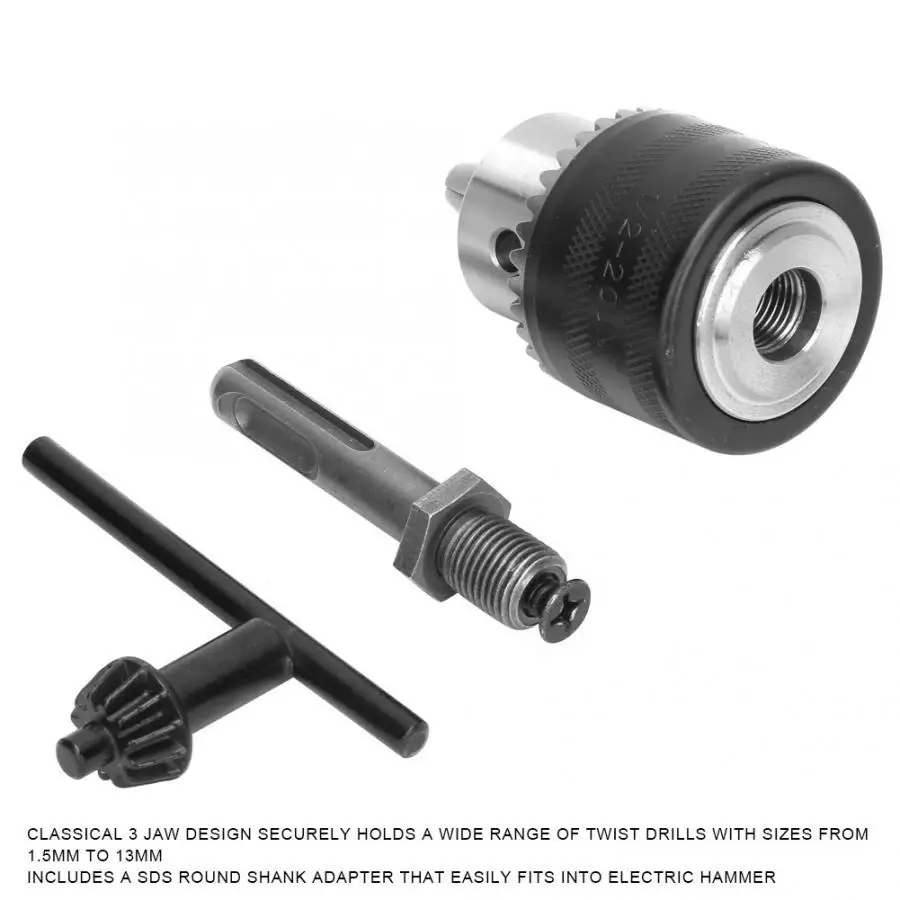 1.5-13mm Range 1/2-20UNF Thread 3-Jaw Key Type Taper Mounted Drill Chuck With SDS Round Shank Adapter Electric Hammer Converter