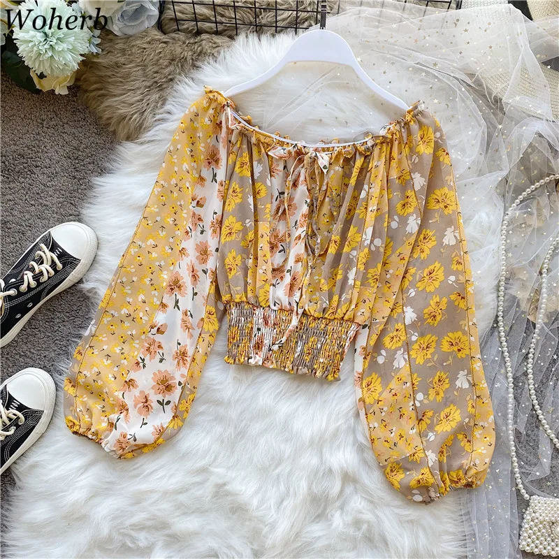 

Woherb Fashion Spring Summer Sexy Off Shoulder Chiffon Short Blouse Women Blusa Shirt Boho Floral Blouses Casual Long Sleeve Top