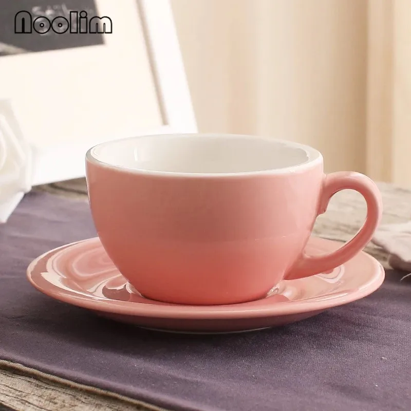 Европейский стиль капучино кофейная чашка с блюдцем красочная глазурь керамика широкий рот эспрессо кофейные чашки наборы Посуда для напитков - Цвет: Розовый
