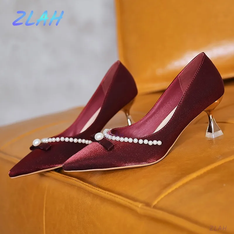 Fashion Women's Pointed Toe High Heels Burgundy Beige Zlah Party Pearl Decoration Women Shoes Pumps | Обувь