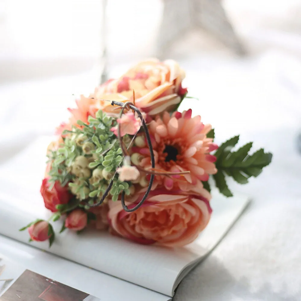 28cm Artificial Rose Flower Bouquet For Wedding Marriage Supply Silk Real Touch Fake Flowers Home Garden Decoration Floral - Цвет: Розовый