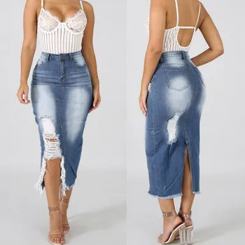 

Women's Sexy Skirt 2020 New Vintage Ripped Destroyed High Waisted Street Style Denim Skirt Autumn Winter Fashion Media Falda XT