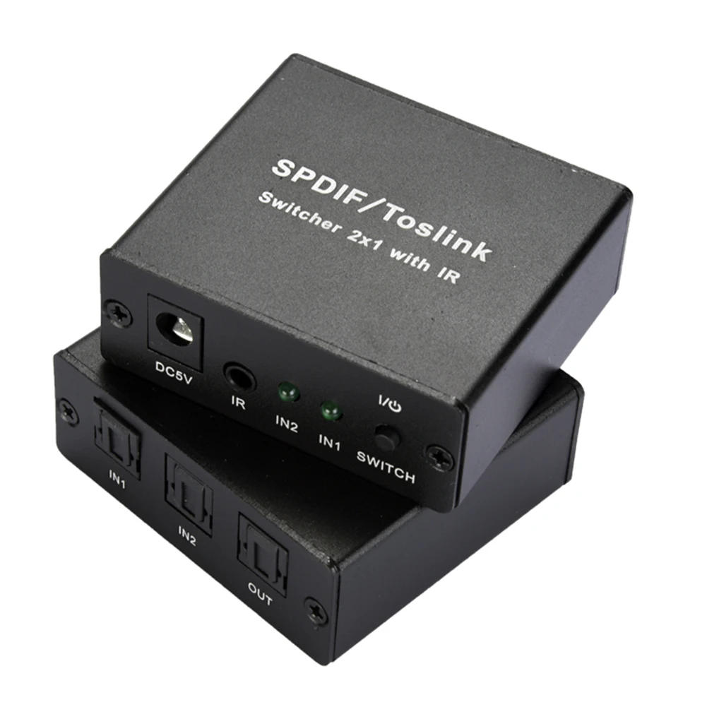 SPDIF/Toslink черный оптический аудио коммутатор удлинитель 2x1 светодиодный индикатор алюминиевый сплав Поддержка DTS цифровой с ИК-пультом дистанционного управления