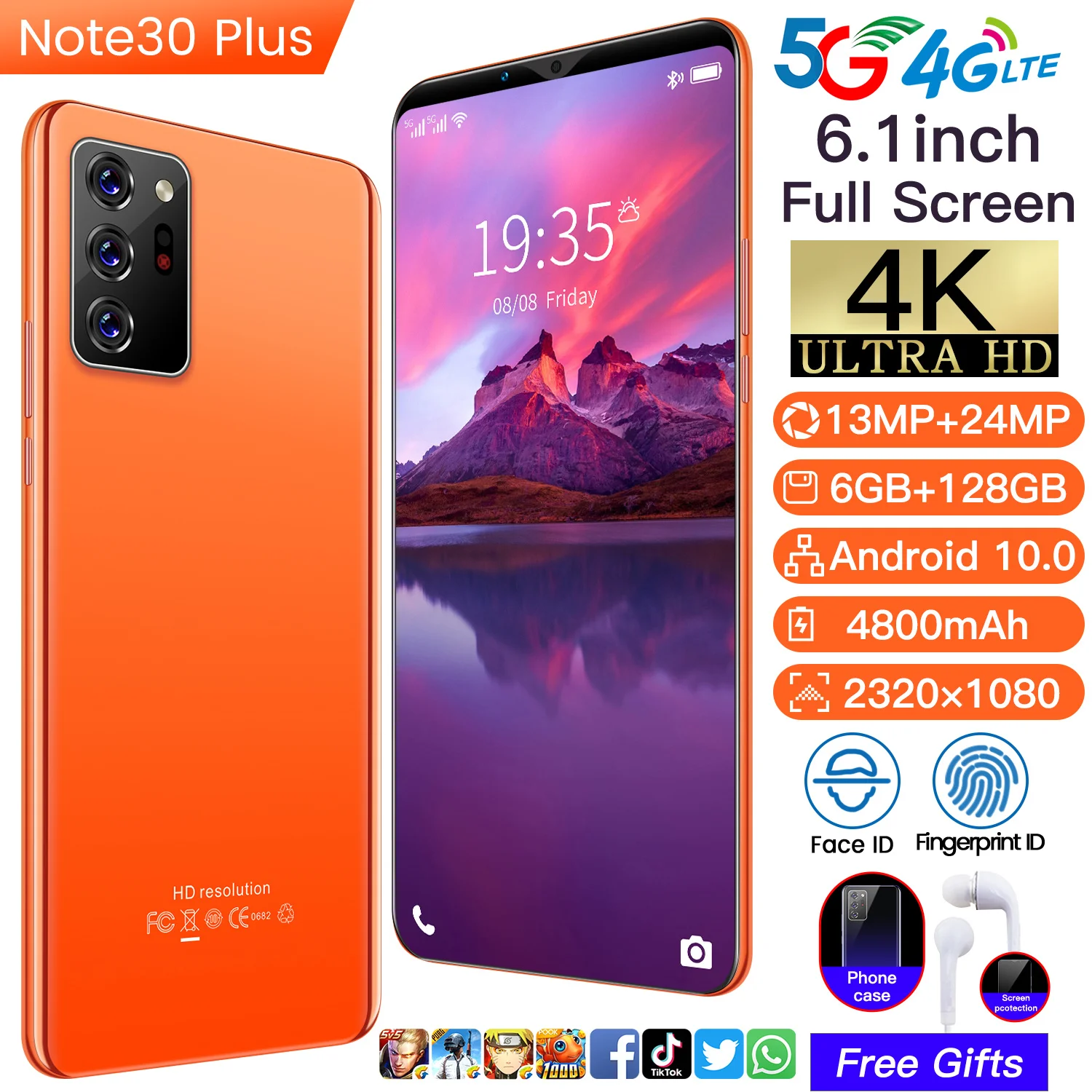 2021 New Global Version Note30 Plus 6.1 Inch Smartphone Android 10.0 4800mAh 6+128GB 13+24MP Face ID Dual SIM 4G 5G Mobilephone
