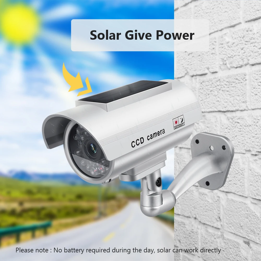 Cámara simulada de energía Solar para seguridad, videocámara falsa impermeable para interior y exterior, luz LED tipo bala, Monitor cámara de vigilancia CCTV