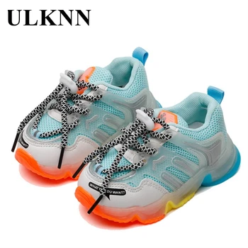

ULKNN Kid's Lighted Sneakers Candy-Colored Girls' Shoes Children Sports Mesh Breathable Boys' Mesh Luminous Dad Shoes Blue