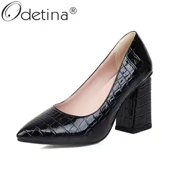 

Odetina Women Fashion Plaid Pointed Toe Office Lady Dress Pumps Lady Vintage Slip On Block High Heel Patent Leather Party Pumps