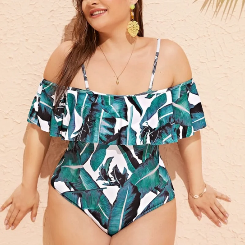 Off Shoulder Ruffled One Piece Swimsuit Plus Size Plant Print Swimwar Large Sizes Bathing Suit Sexy Monokini Swimsuit Women - Цвет: Print