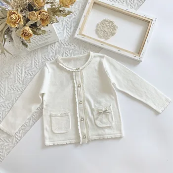 

EnkeliBB Child Girl Knit Cardigan White Button Coat For Girl Baby Toddler Beautiful Ruffle Lace Jacket Coats Kid Spring Tops
