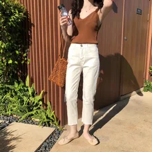 New Style Simple White Fringed Ankle-length High-waisted Jeans Wom