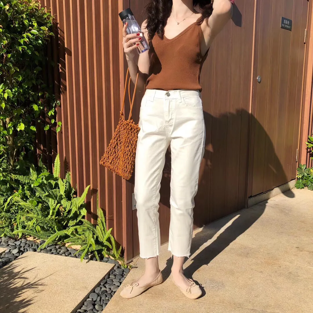 

New Style Simple White Fringed Ankle-length High-waisted Jeans Wom