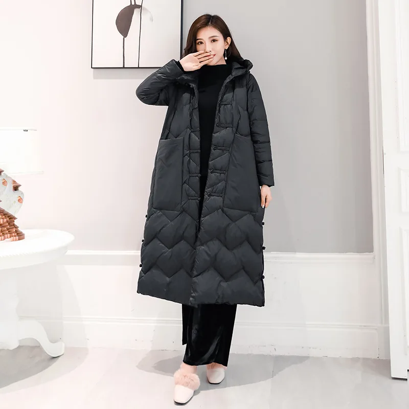 

2019 New Style Photo Shoot Ethnic-Style Frog over-the-Knee Long down Jacket Cotton-padded Clothes Waist Hugging Winter Large Siz