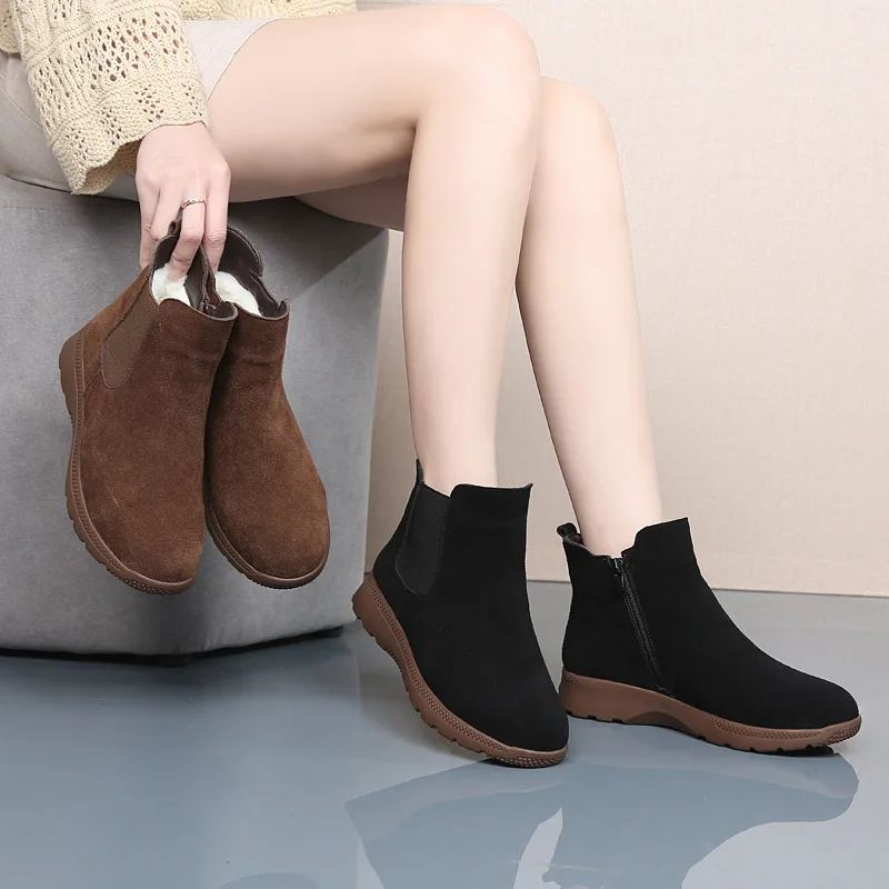 

Snow boots, short-barrel cotton boots, thickened genuine leather cotton shoes, flat, anti-slip short boots