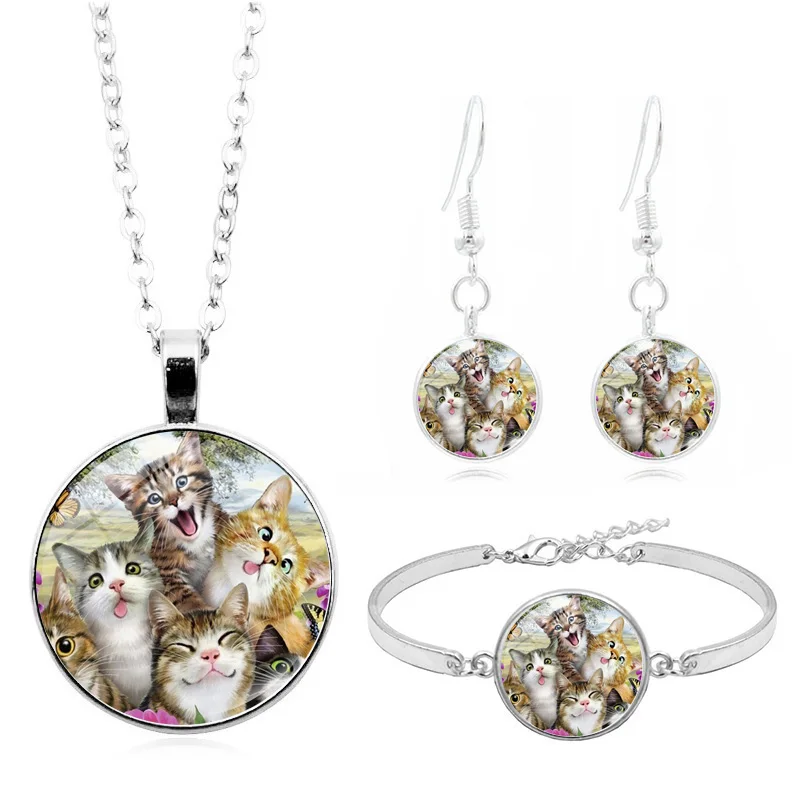 Funny Cat Photo Glass Cabochon Fashion Jewelry Set Necklace Bracelet Earring Sets for Women Gifts | Украшения и аксессуары