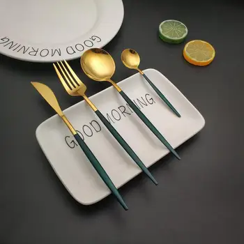 

Hot 4pcs Dark green gold stainless steel fork spoon knife cubiertos tofok dorados de acero tableware silverware dinning set