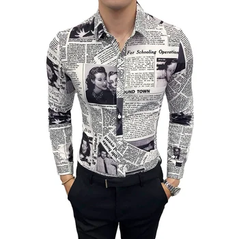 

Fashion Casual Men's Long-sleeved Shirt Spring And Autumn New M-5XL Printing Newspaper Slim Shirt Personality Youth Popular