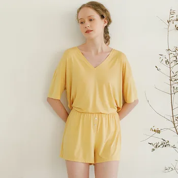

Summer Modal Pijamas for Female Solid Color V-neck Short Sleeve Shorts Home Suit Loose Sleepwear Pijamas Verano Mujer Pj Set