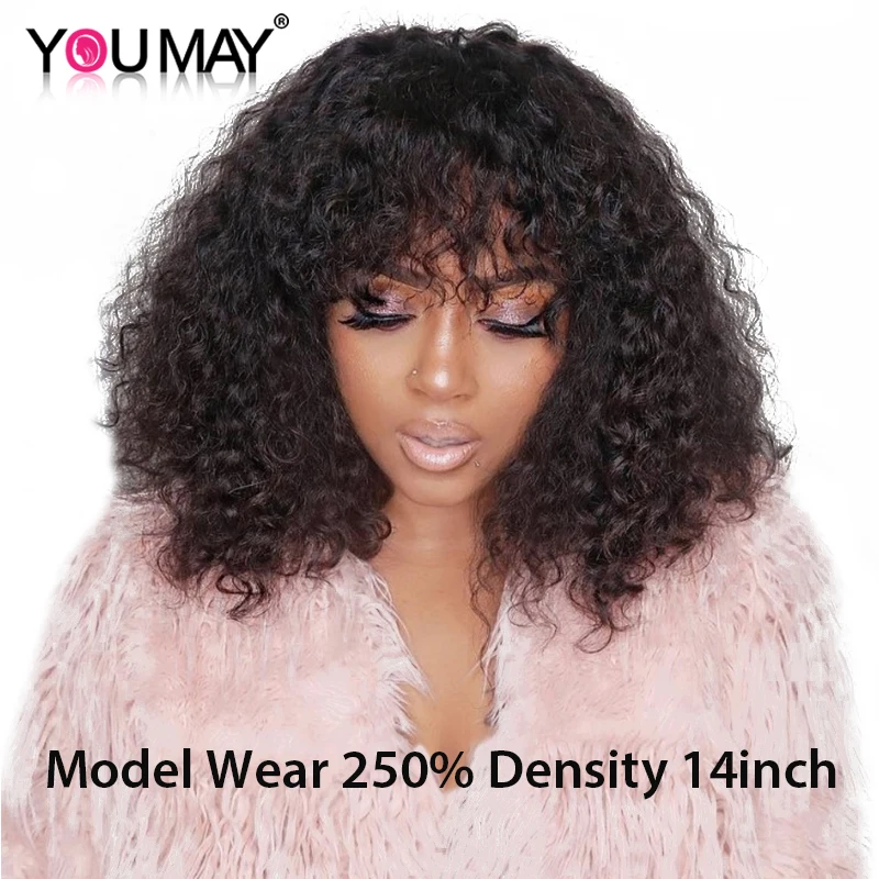 Baratos Pelucas de pelo humano rizadas brasileñas de 250% densidad con flequillo pelucas frontales de encaje 13x6 Bob para mujeres pelucas de encaje 360 con flequillo que puedes Remy