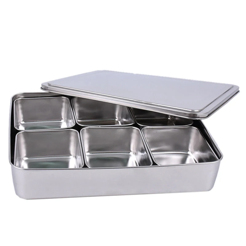 

Japanese Stainless Steel Seasoning Box Set Creative Seasoning Jar 6 Grid with Lid Kitchen Health Spice Box