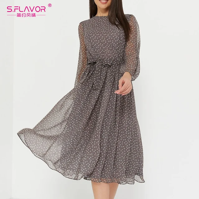S.FLAVOR Elegant Dot Print Long Sleeve Summer Dress O Neck Chiffon A Line Women Casual  Autumn Dress Vintage Midi Vestidos 1