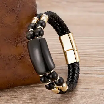2020 New Male Jewelry Genuine Leather Bracelet Tiger Eye Beads Bracelets Charm Stainless Steel Magnetic Clasps Men Wrist Gifts