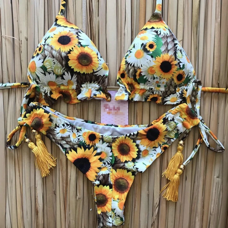 

Sunflower Print Bikini Micro Thong Swimsuit 2 Pieces Bathing Suits Women 2020 Swimwear String Mini Bikini Swimming Suit Women