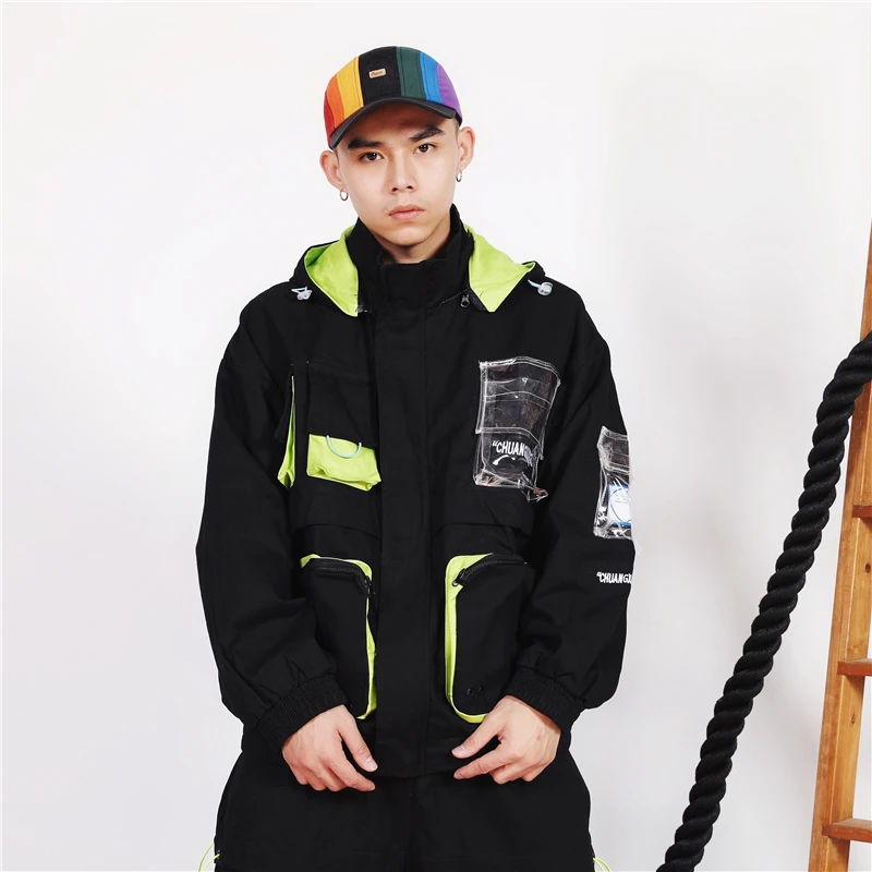 Techwear куртка с множеством карманов черная Рабочая куртка с капюшоном