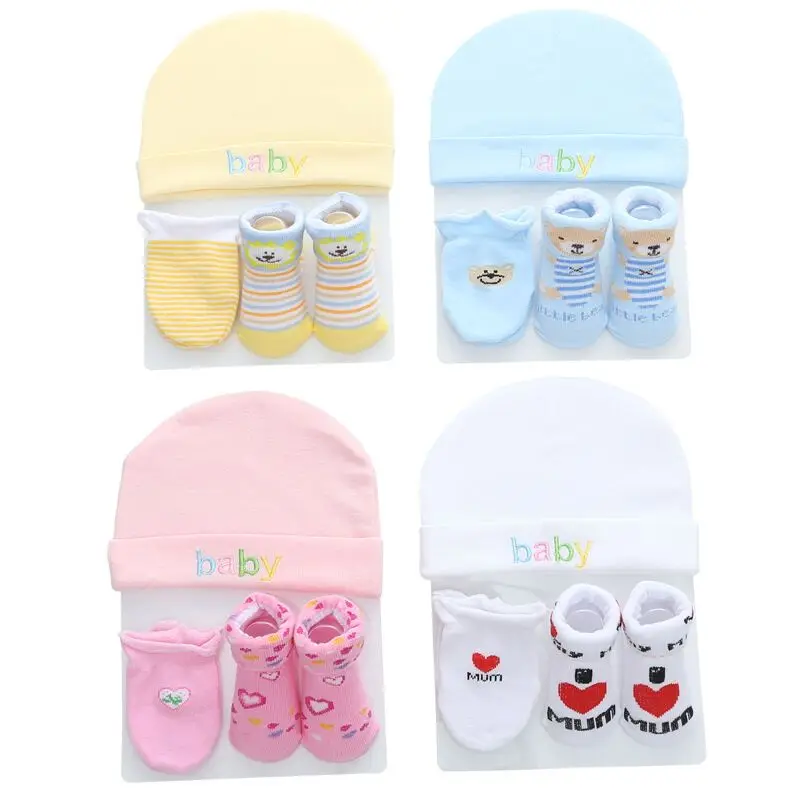 Комплект носков для малышей, подарок для новорожденных, хлопковые носки с надписью «i love mum» для маленьких мальчиков, теплые носки+ перчатки+ шапочка, 3 шт./упак., Комплект носков для новорожденных девочек
