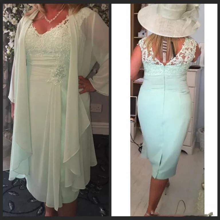 

Mint Green V Neck Short Mother of the Bride Dresses with Wrap Plus Casual vestido de madrinha Chiffon Evening Gown Tea Length