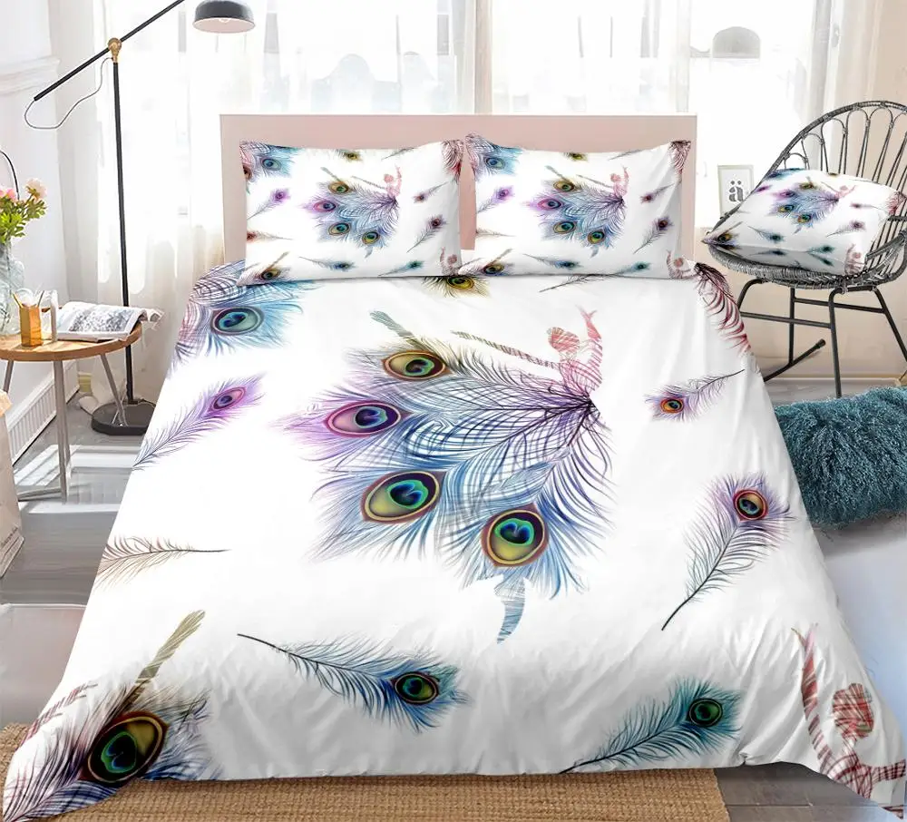 3 Pieces Colorful Peacock Feathers Duvet Cover Set Ballet Dancer