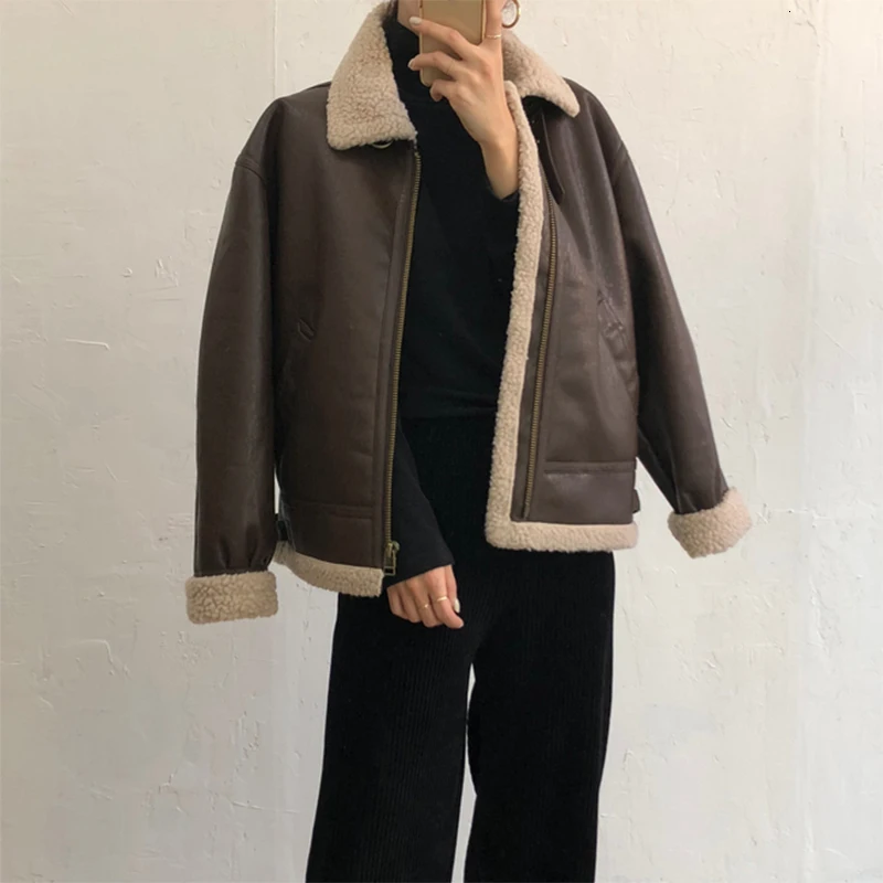 SHENGPALAE Chic Autumn Winter Coat Handsome Keep Warm Lamb Jacket Leather Loose Coat Korean Fashion Woman Clothing FV683